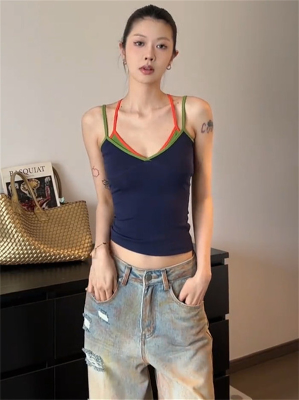 美式辣妹撞色双肩带拼接吊带背心女夏季外穿带胸垫设计感无袖上衣|undefined