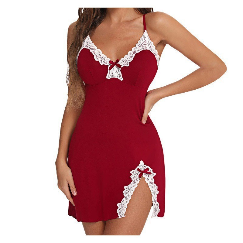 European and American Plus-Size Lingerie, Sexy Deep V Bow, Side Slit, Slim-Fit Camisole Nightdress Set