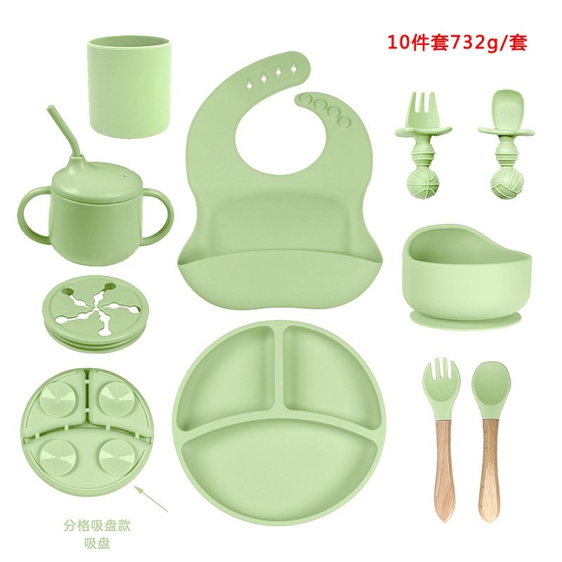 Bebé de silicona plato bebé ventosa compartimento tazón tenedor cuchara babero auto-alimentación niños suplemento alimenticio traje vajilla