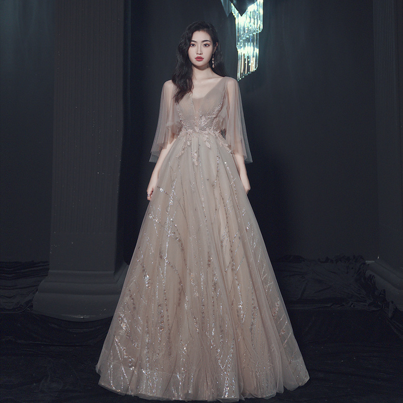 High-End Light Luxury Evening Dress 2026 Summer Long-Sleeve Annual Meeting Dinner Host Dress Graduation Party Gown