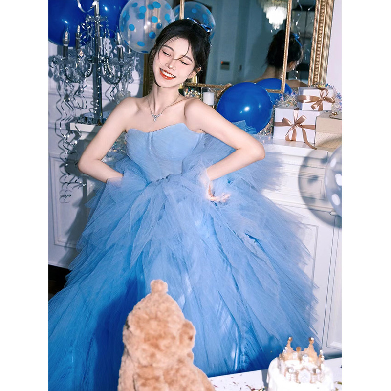Blue tube top dress high-end heavy work morning gown female Bride wedding dress birthday dress trailing pettiskirt dress