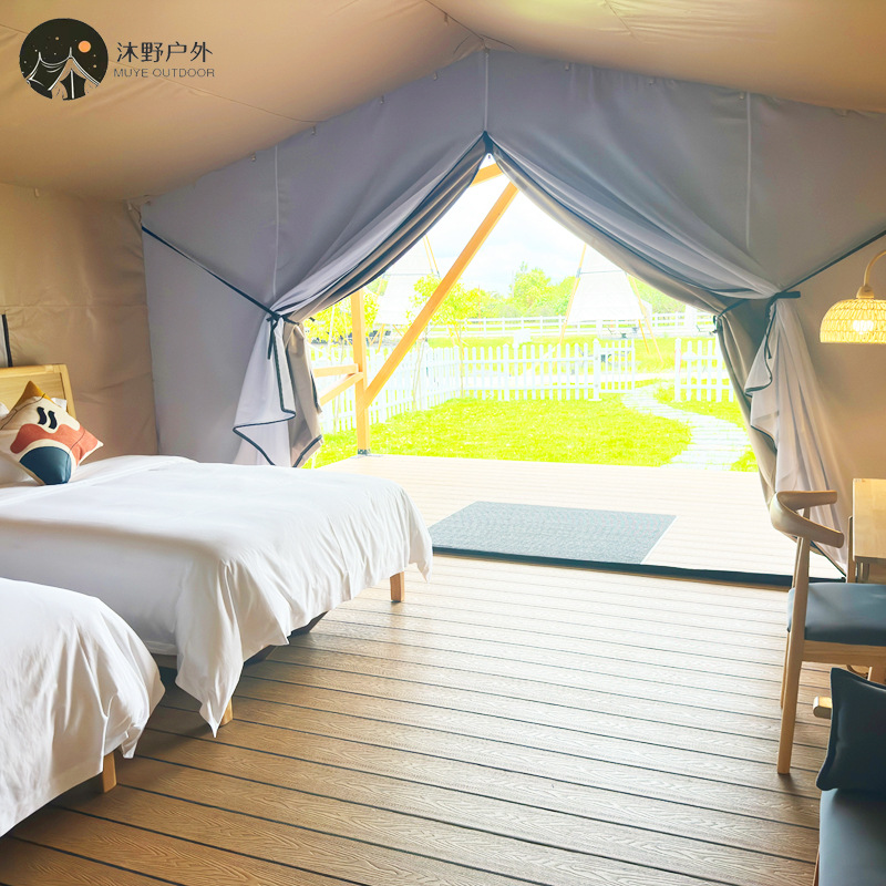 Muye tienda de campaña de camping de lujo ligero al aire libre Hotel B & B camping Área escénica estructura de madera cuadrada Tienda de campaña del hotel fabricante