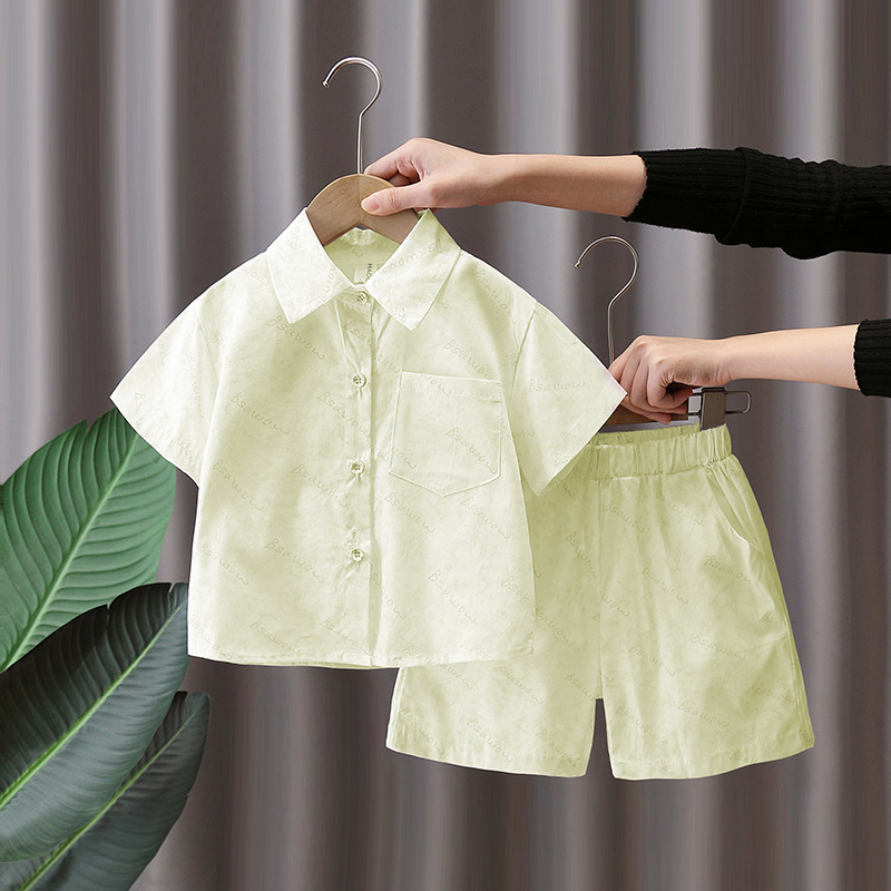 7177 Traje de camisa rosa para niños Ropa de playa estilo de vacaciones delgada de verano para niños 2025 nueva celebridad de Internet de manga corta