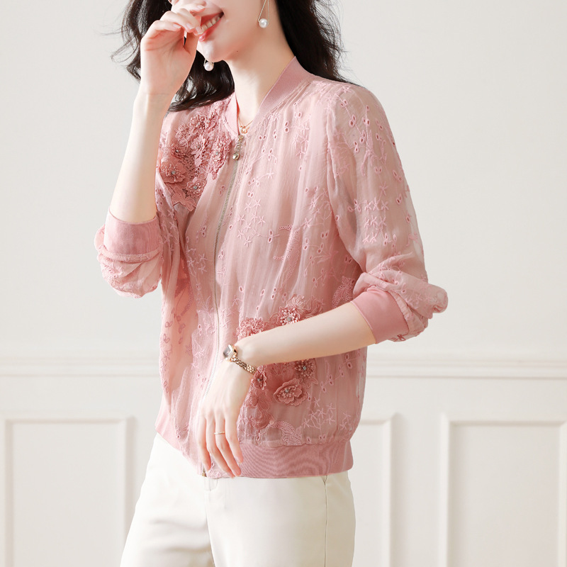 Spring imitation silk coat women's thin 2022 new heavy embroidery long sleeve loose pink women's baseball suit Spring imitation silk coat women's thin 2022 new heavy embroidery long sleeve loose pink women's baseball suit
