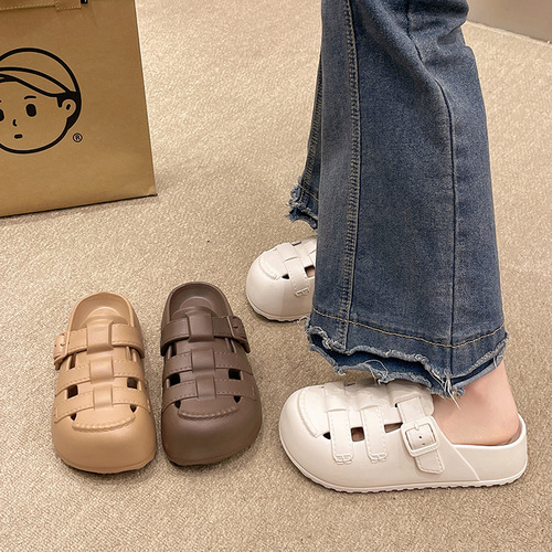 Summer New Holes Shoes Thick Sole Outer Wear Soft Sole Anti-Slip Fashion Birkenstock Flat Student Head Cover Cool Slippers