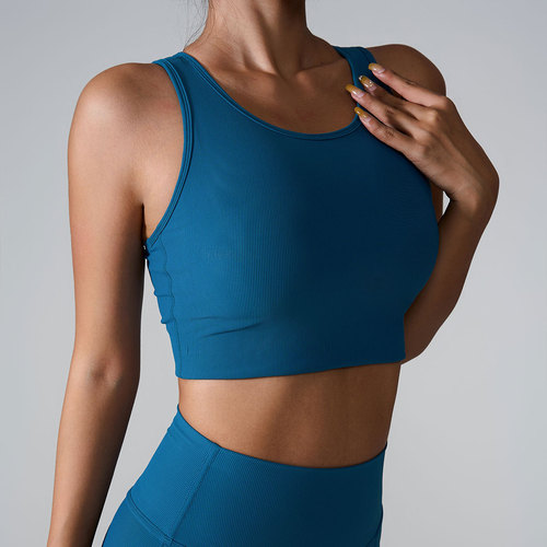 Ins 2024 Spring & Summer European and American Cross-Border Sports Bra with High-Intensity Shock Absorption Yoga Clothes Nudist Ribbed Sports Backless Bra