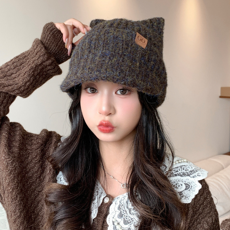 韩系甜美可爱拼色猫耳朵毛线帽秋冬时尚百搭保暖帽防风护耳包头帽|undefined