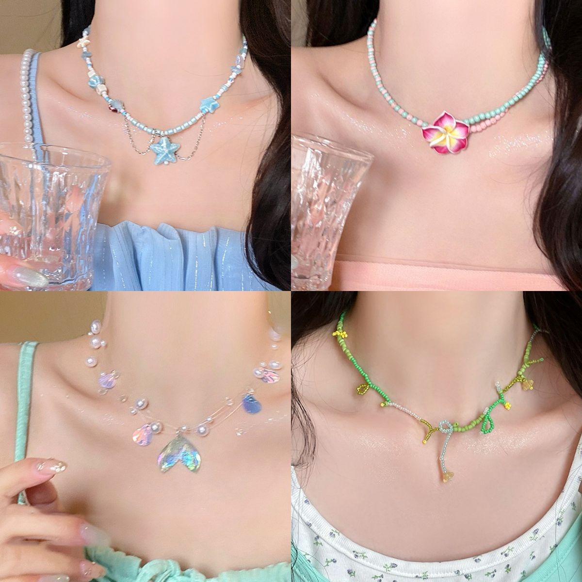 Collar con colgante de cuentas de estrella de color de verano, dulce femenino, pequeña cadena de clavícula fresca, estilo de vacaciones, collar de todo fósforo de nicho