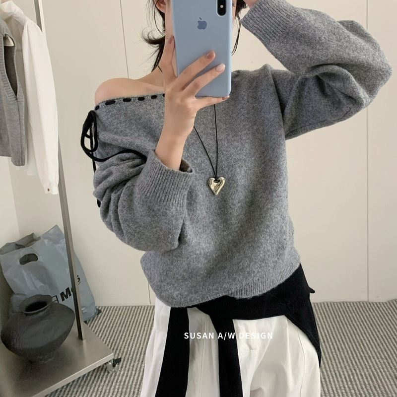 韩系设计感斜肩抽绳圆领毛衣女士秋冬季2025新款显瘦百搭套头上衣|undefined
