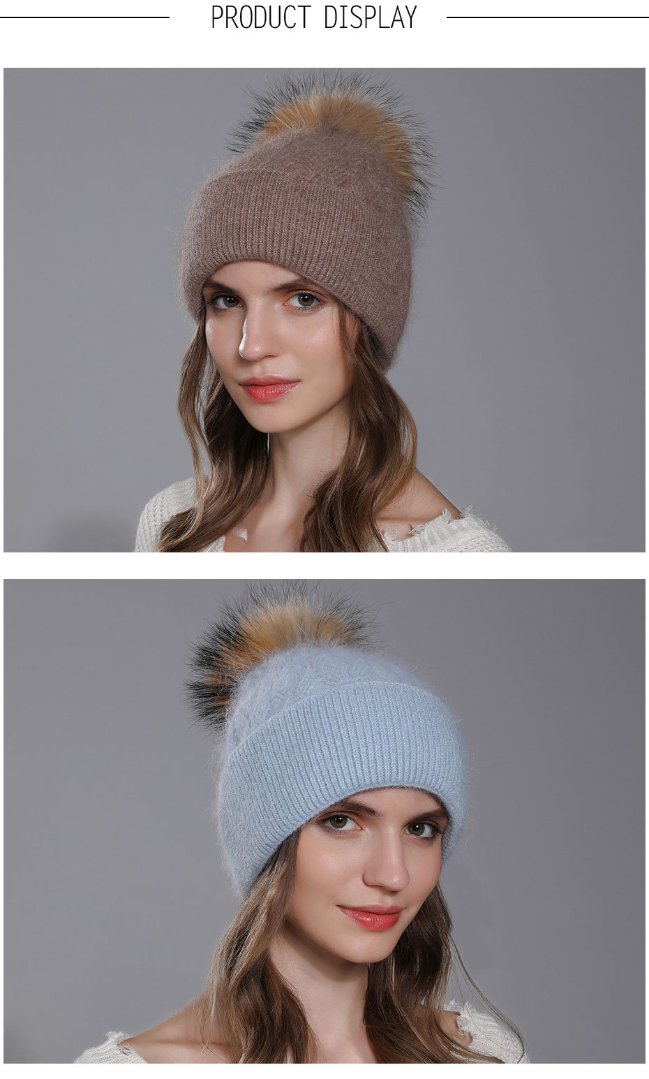 Nuevo Gorro de lana con pelo de conejo Angora tejido para mujer, giros de masa frita para invierno, gorro de lana con brida de doble capa, Bola de pelo de perro mapache,_voghion.com