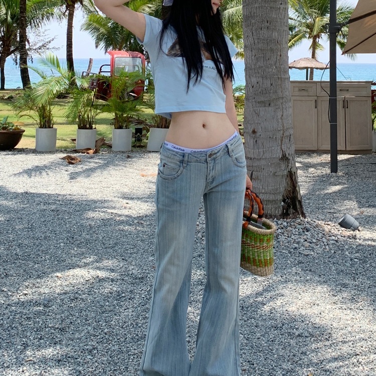 派派美式浅色低腰宽松微喇牛仔裤女夏季新款直筒修身显瘦喇叭拖地|undefined