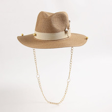 春夏狮头别针链条金珠子草编礼帽遮阳防晒沙滩女法草帽Straw hat