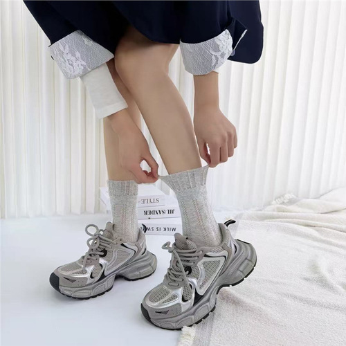 Women's middle tube hollowed-out net socks spring and summer cool all-matching breathable pure color pile socks casual hot light professional style