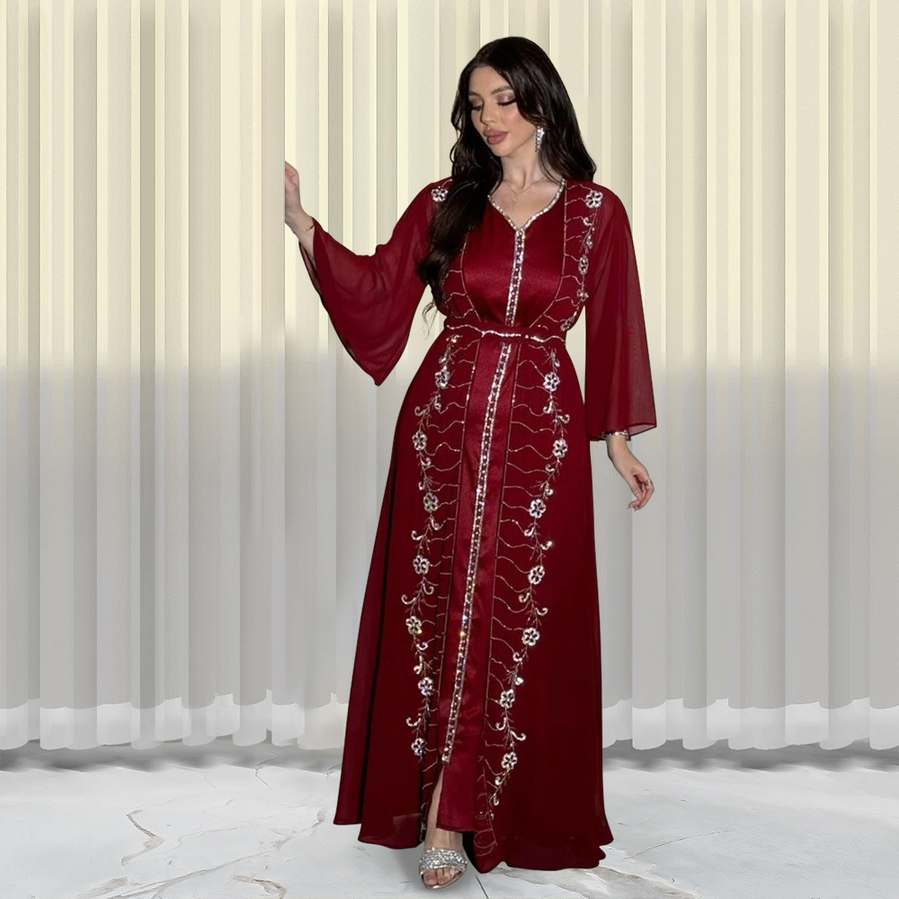 XQY500261 Four-Season Commuting Vest + Jacket Dress Chiffon Rhinestone Muslim Suit Robe_ecoleips.com