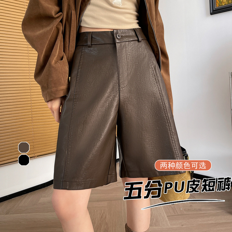 2025 Women's Leather Shorts Autumn and Winter Pu Washed Leather Pants High-Waisted Wide-Leg Knee-Length Loose Slimming Boot Shorts Straight Mid-Length Pants