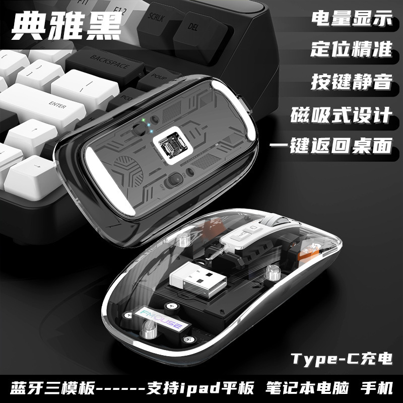 Ratón transparente Nuevo mouse de carga luminoso silencioso de tres modos para volver al escritorio con un clic Ratón de carga Tipo-C
