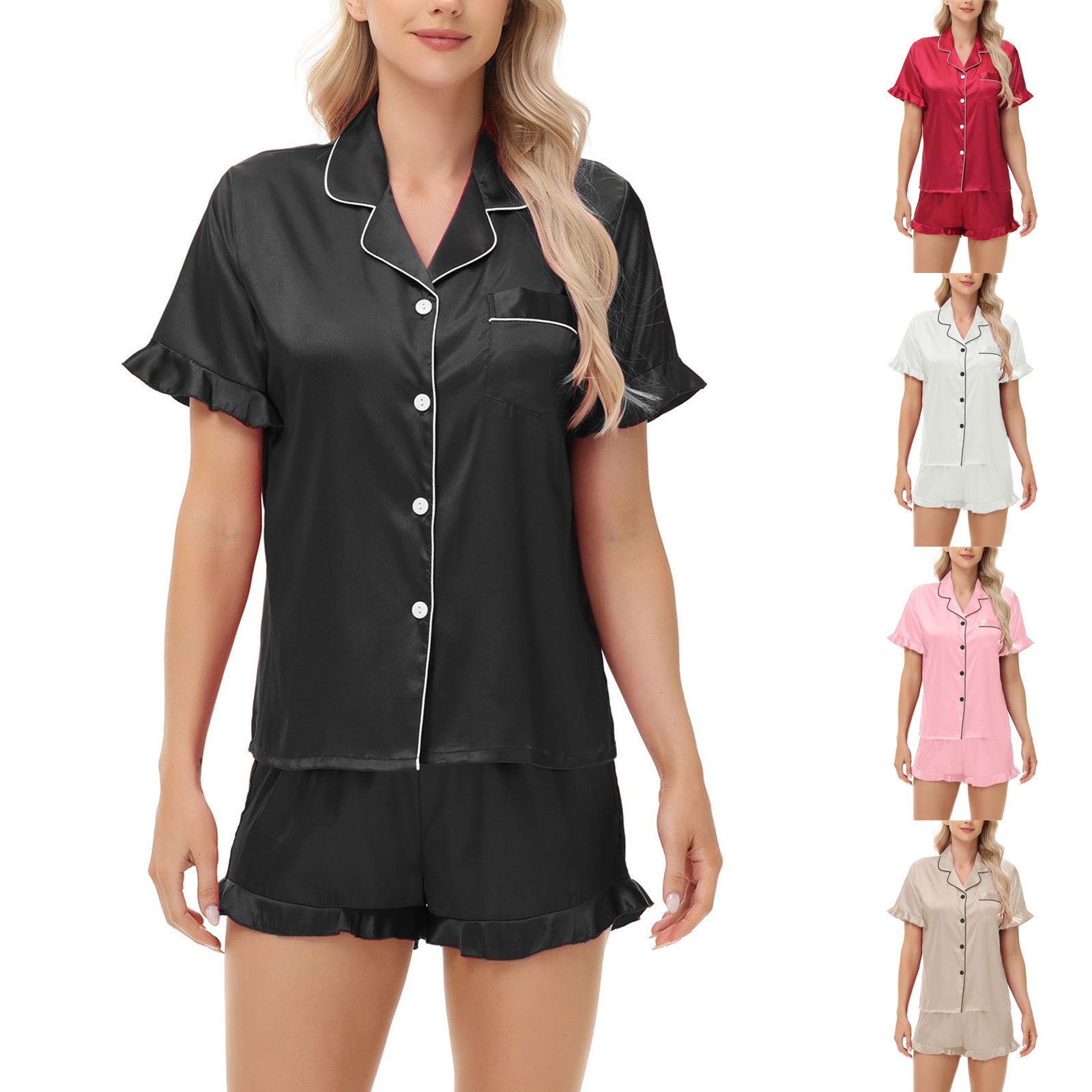 Cross-border Amazon European and American Sanding Pajamas Double Ruffled Silk suit Short-sleeved Shorts Women's Home Wear