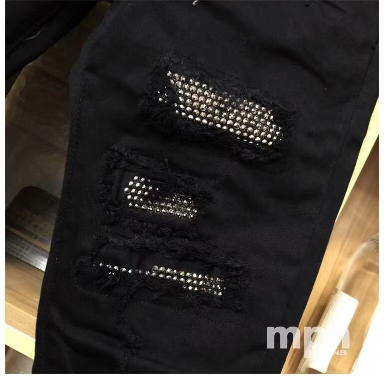 New Casual High Street Ripped Jeans Unisex Rhinestone Slim Straight Pants Spring Autumn Mid-Waist Regular_mkmklike.com