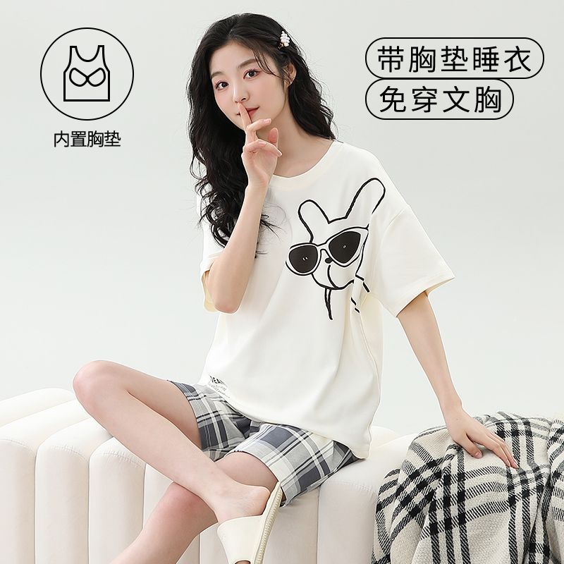 Venta al por mayor transfronteriza verano nuevos pijamas de algodón de imitación estilo caliente para mujer con almohadilla para el pecho pantalones cortos de manga corta traje de servicio a domicilio casual de dibujos animados