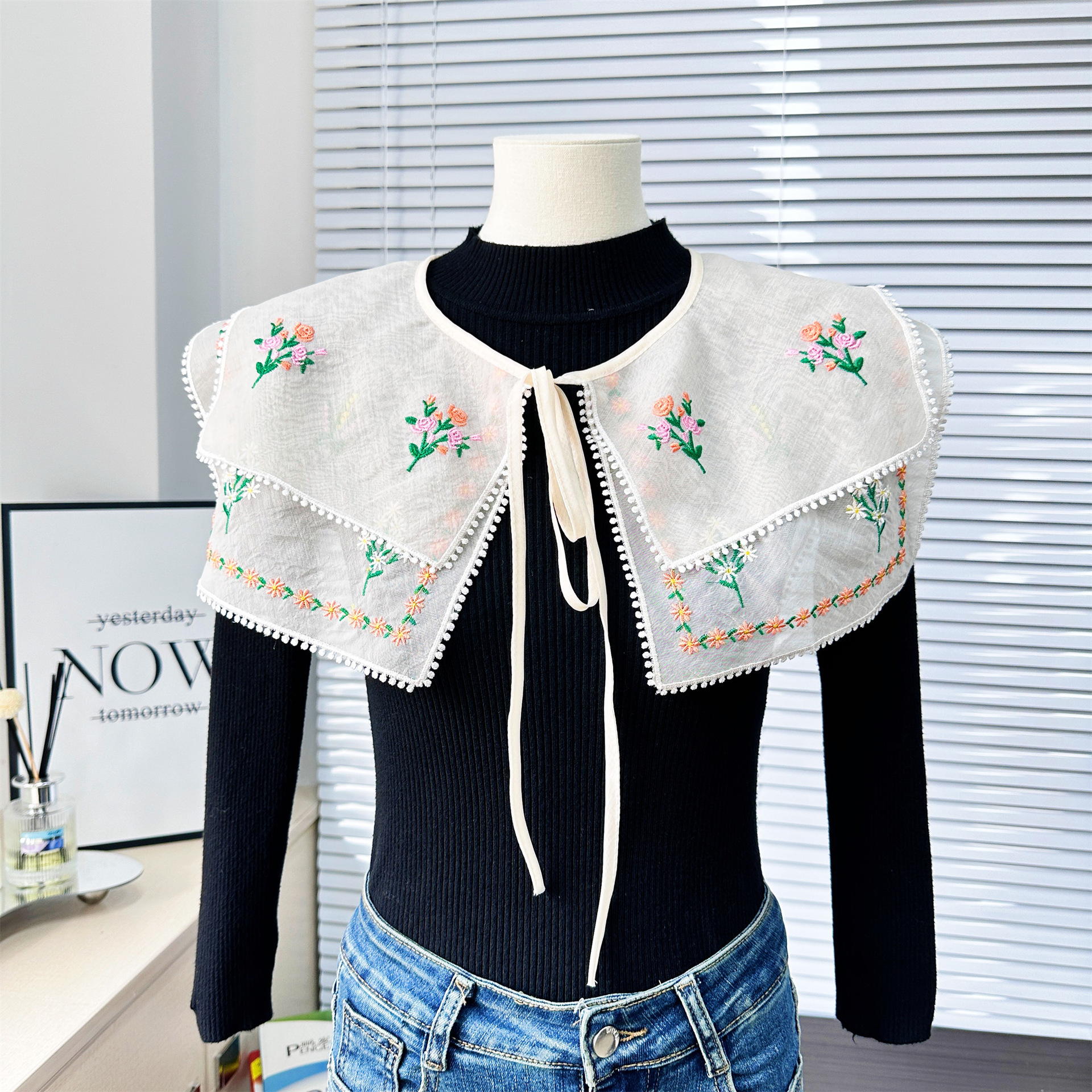 Flor bordada multicolor correa de chale doble cuello falso cuatro estaciones fuera de la camisa de arroz vestido cuello de muñeca casual image 6
