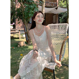 2024夏季新款女装蕾丝刺绣裙子荷叶边纯色吊带镂空长款连衣裙女