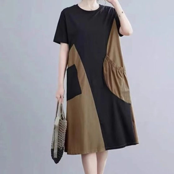 Stitching Dress 2024 Summer New Women's Mid-length Western Style Large Size Loose Slimming Belly Covering Dress