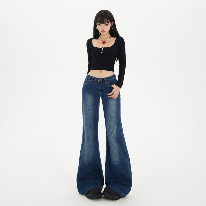 Orange Silk Women's Clothing # Western Retro Blue Low-Waisted Flared Jeans for Women, Autumn Casual Versatile Drapey Bell-Bottom Pants