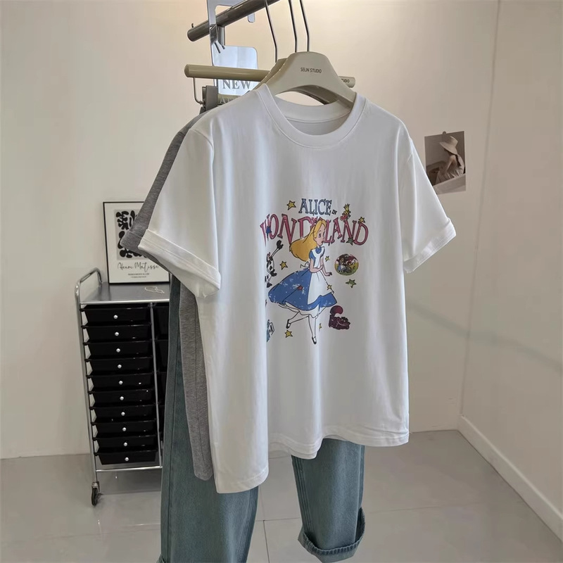 Pure Cotton 100kg Unisex Fashion Cartoon Girl Print Summer Short-Sleeve T-Shirt Women's Loose American-Style Top Bf Pure Cotton 100kg Unisex Fashion Cartoon Girl Print Summer Short-Sleeve T-Shirt Women's Loose American-Style Top Bf