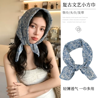 棉麻质感韩系ins风60cm小方巾女 文艺碎花领巾薄款包头巾发带配饰