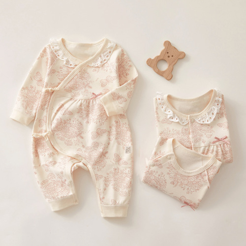 Baby clothes, newborn clothes, spring and autumn long-sleeved cotton, ordinary diagonal placket laces, universal pajamas, baby clothes