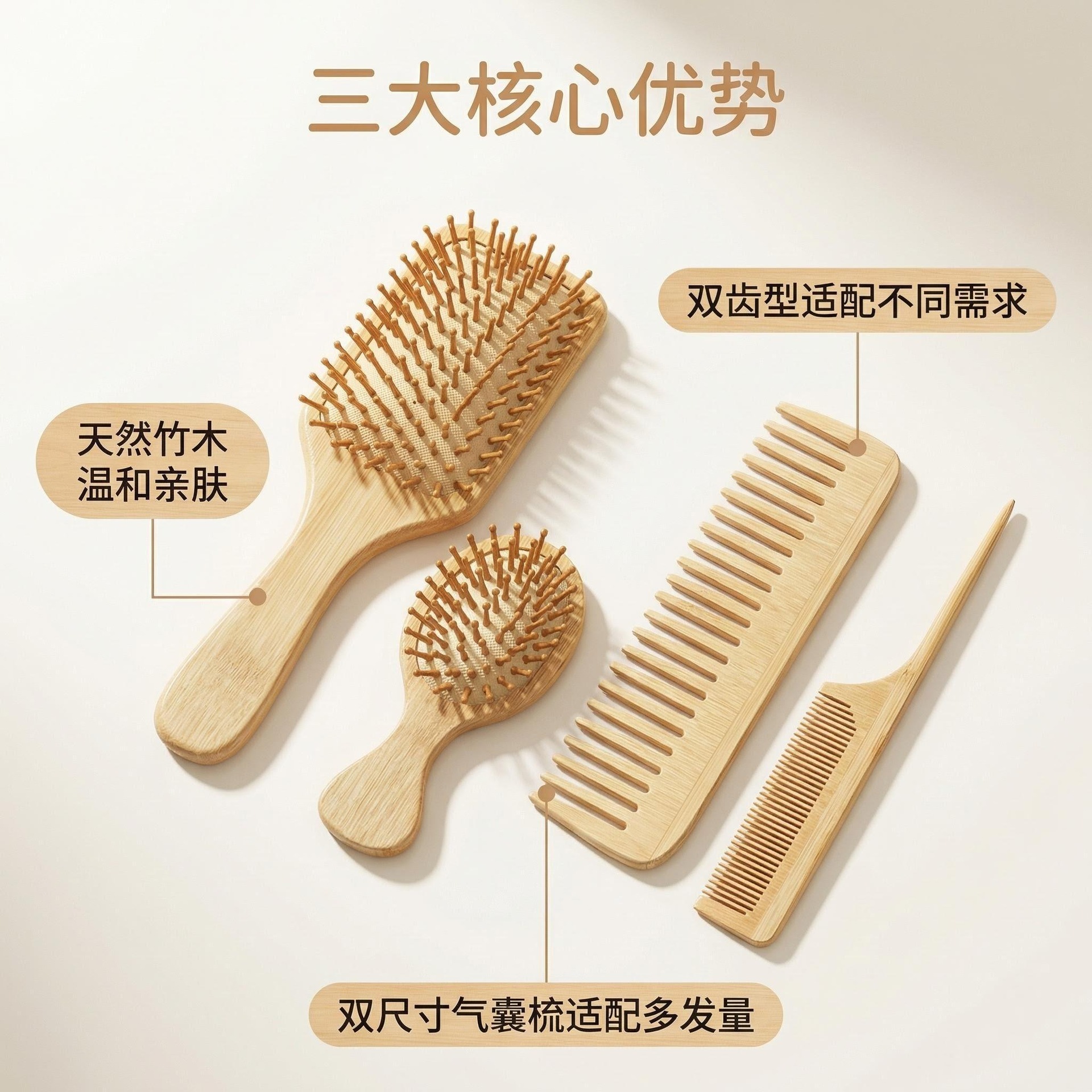 Natural Bamboo Air Cushion Hair Brush Set Wide Tooth Rat Tail Comb Anti Static Scalp Massage 20cm+ quality and texture
