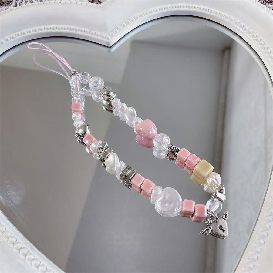 핑크 스퀘어 러브 잠금 휴대폰 체인