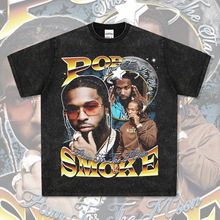 跨境复古嘻哈pop smoke印花美式hiphop高街短袖T恤水洗重磅小领口