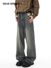 跨境批发潮牌美式水洗做旧直筒牛仔裤男复古宽松潮流百搭阔腿长裤