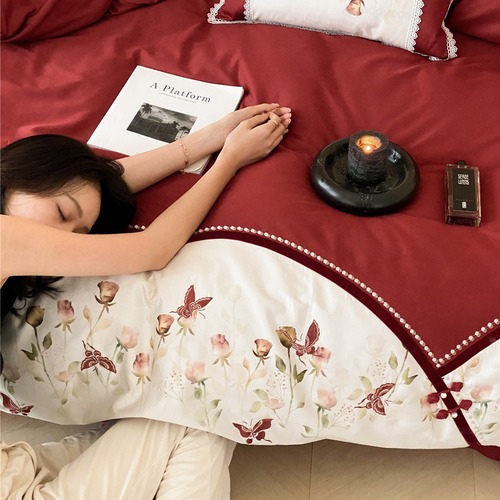 Modern new Chinese style rose embroidery red bedding set for housewarming and wedding daily pure cotton long-staple cotton four-piece set