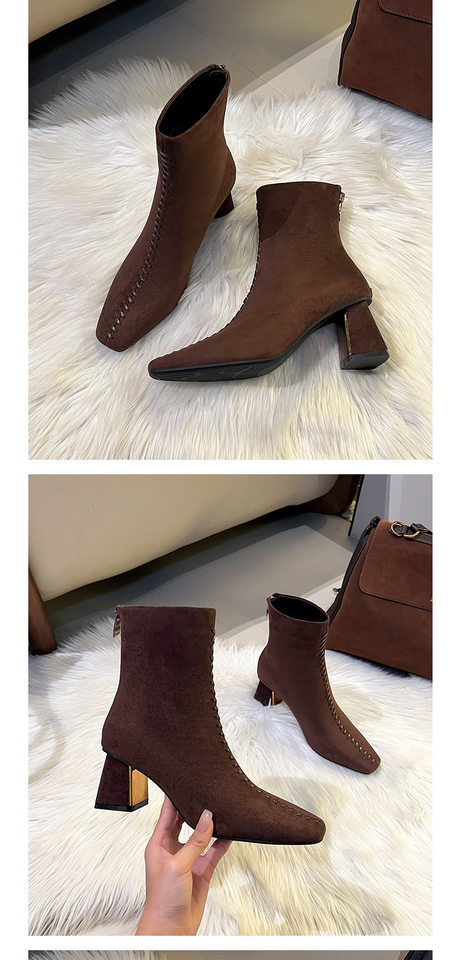 Bốt nữ cổ thấp mũi vuông gót dày 6–8 cm phong cách thanh lịch — Màu nâu (lớp lót nhung), Màu đen (lớp lót nhung) chi tiết 10