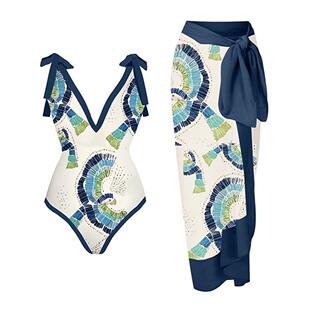 2023 European and American Retro Printed One-Piece Swimsuit Women's Chiffon Skirt Beach Swimsuit Amazon Aliexpress Hot Style