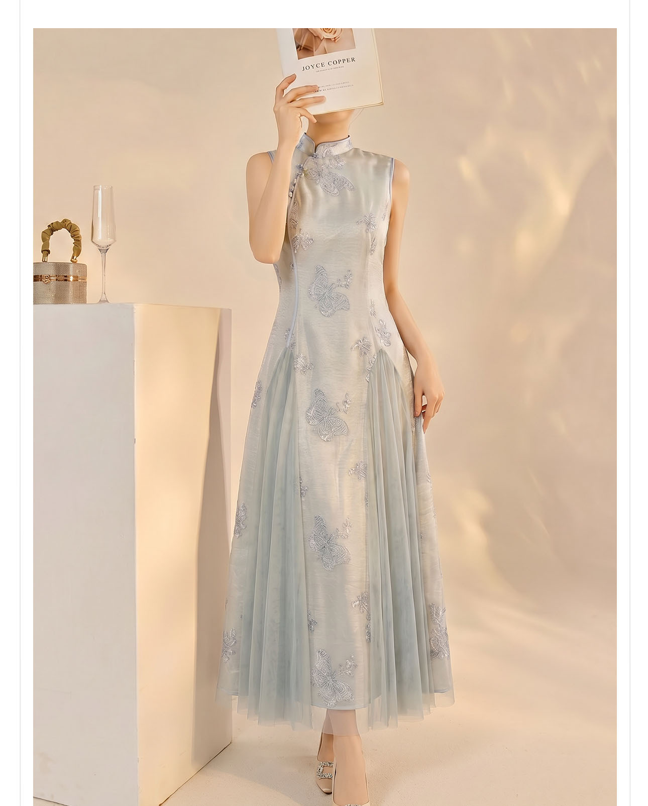 Váy dài không tay nữ tính dáng maxi — màu xanh nhạt chi tiết 8