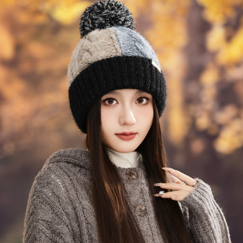 Fashion Versatile Color Block Pom Knitted Autumn Winter Outdoor Fleece Lined Thickened Warm Artistic Retro Pullover Hat_voghion.com