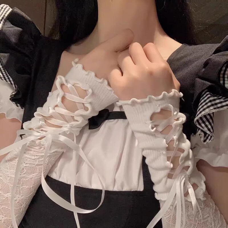 Lace Bow Tie Hand Sleeve Women's Japanese Style Stitching Ballet Style Ribbon Strap Anti-Sunscreen Sleeve Sweet Cool Style Gloves