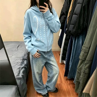 美式复古蓝色连帽正肩卫衣外套女秋季宽松潮牌情侣装休闲短款上衣