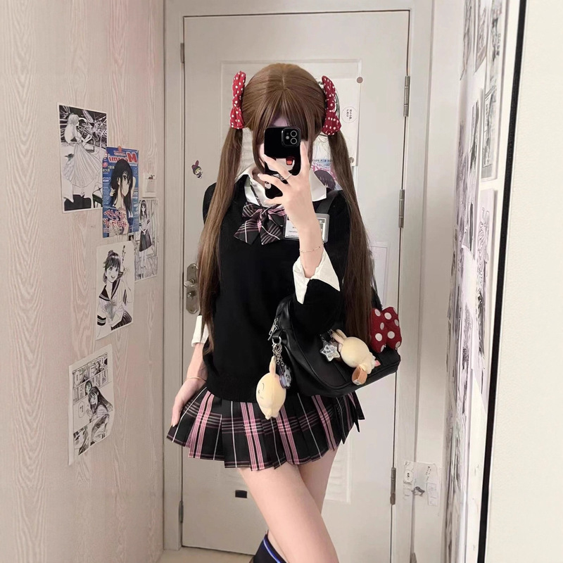Japanese Jk Uniform Sweater Knitwear Black Vest Popular White Short-Sleeve Top Set