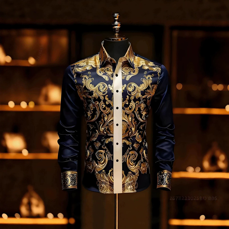 Long-sleeved mercerized satin shirt with golden baroque pattern, men's slim-fit collared dress shirt, vintage and sophisticated