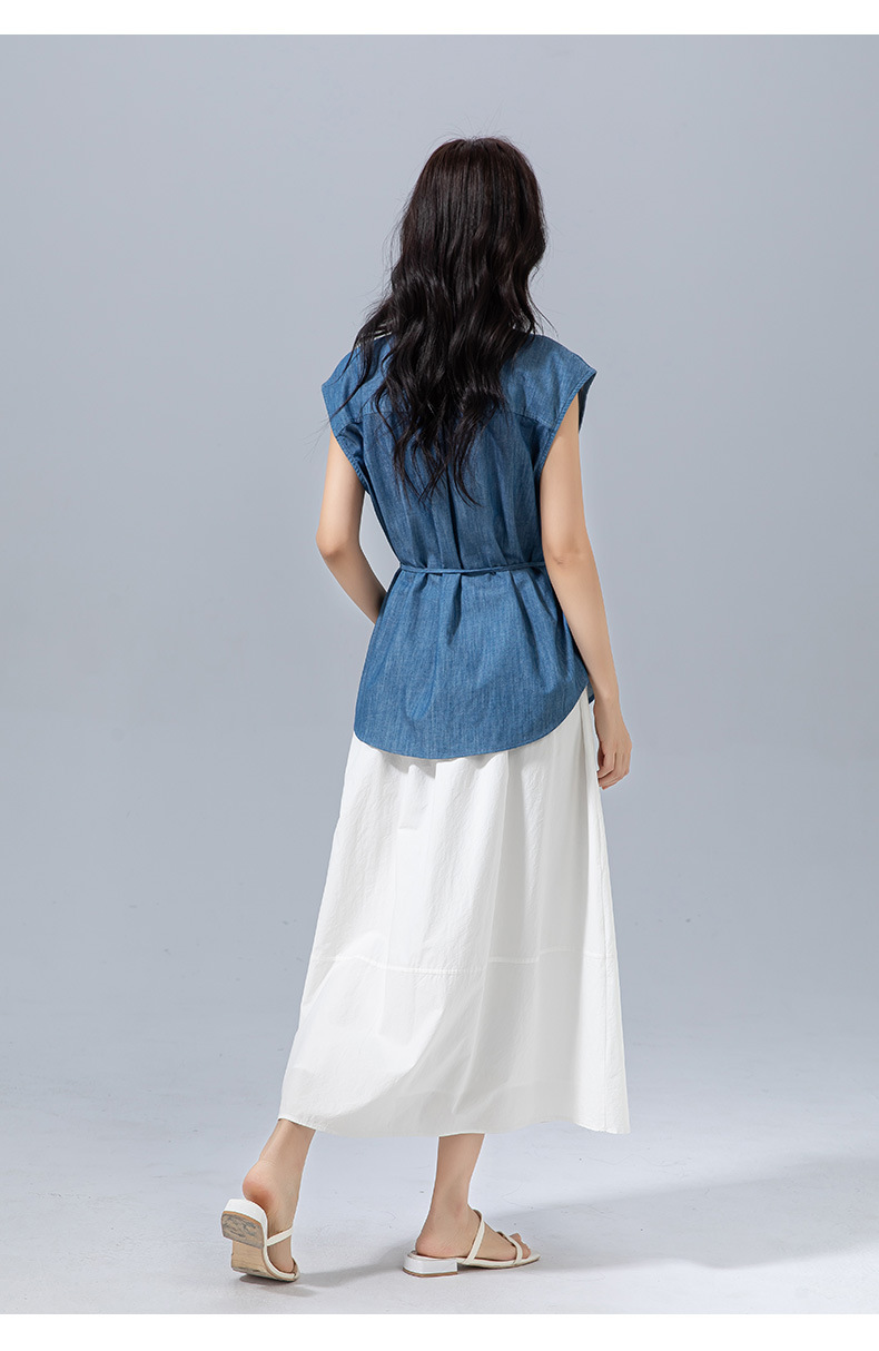 Áo sơ mi denim Tencel không tay thiết kế Xinge dáng suông đi làm — Màu xanh lam chi tiết 23