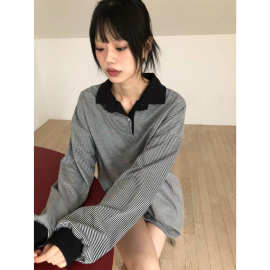 现 2026春季新款韩国东大门松弛感细条纹polo翻领长袖T恤