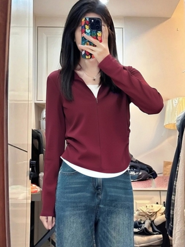 黑色捏褶显瘦拉链半开领长袖t恤女2025春季新款假两件打底衫上衣|undefined