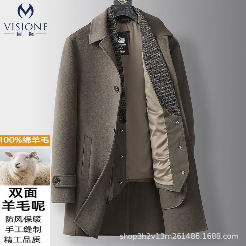High-End Business 100% Wool Double-Sided Woolen Outwear Men's Mid-Length Suit Collar Casual Goose down Lining Woolen Outwear