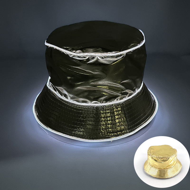 Ocio al aire libre sombrero de bañera de sol nocturna LED brillante tendencia sombrero de pescador sombrero de oro y plata sombrero de espectáculo de escenario