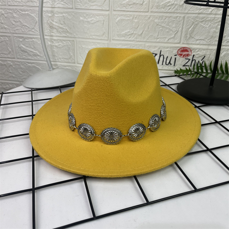 Sombrero de lana europeo y americano sombrero de fieltro de estilo británico decoración de cadena ovalada AliExpress sombrero de jazz borde plano sombrero superior para hombres