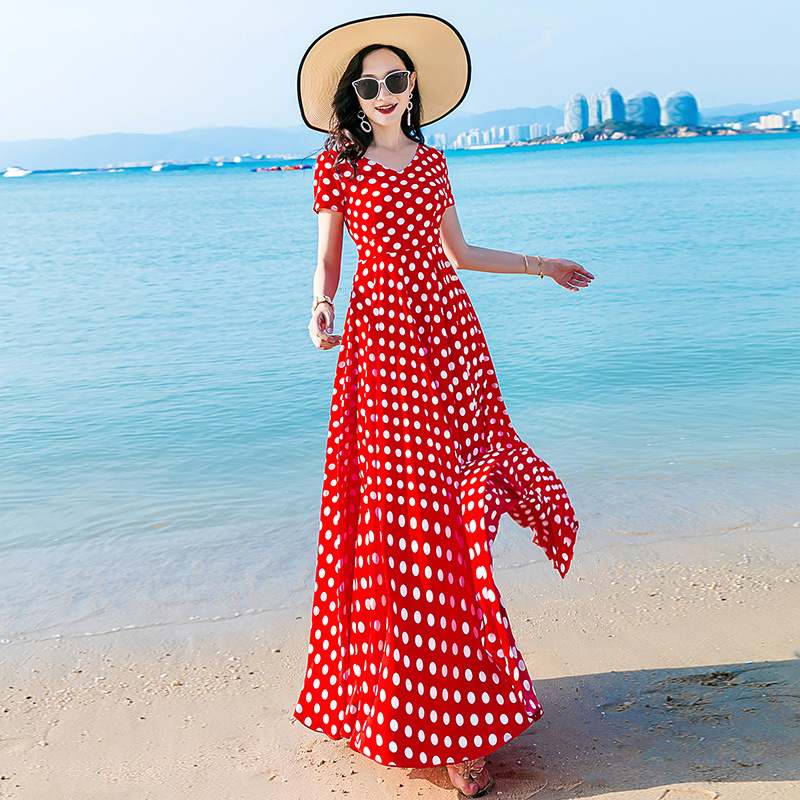 Summer shiffon red long retro dress